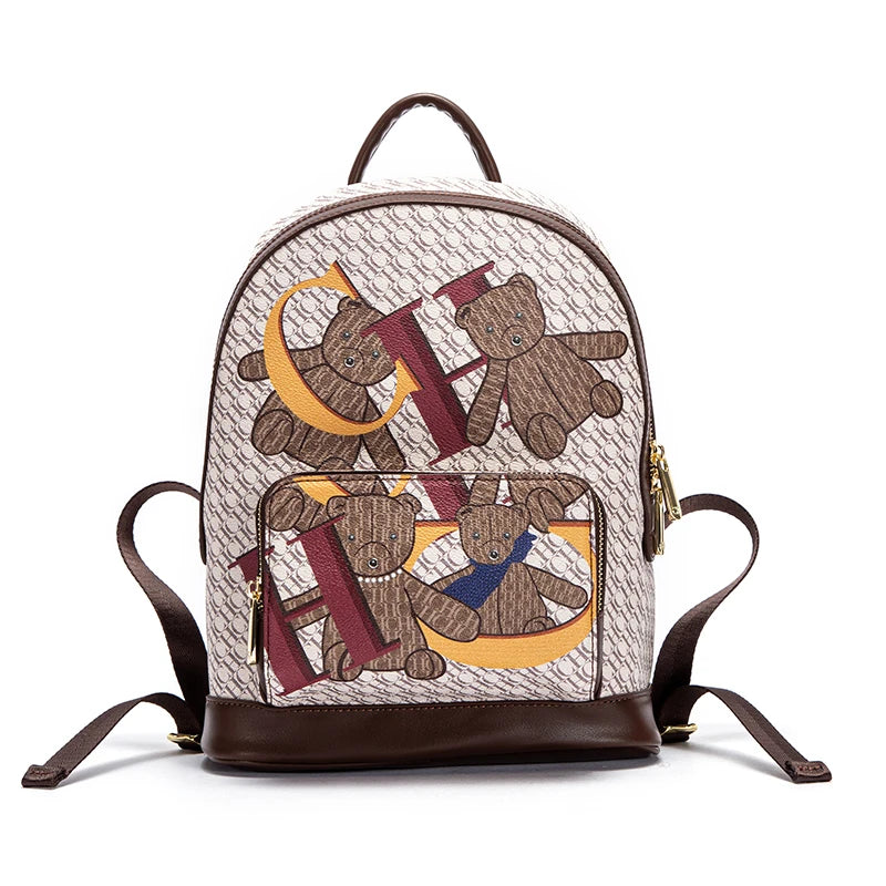 Alphabet Women's Backpack Large Capacity Design Luxury Brand Fashion Little Bear Cartoon Pattern