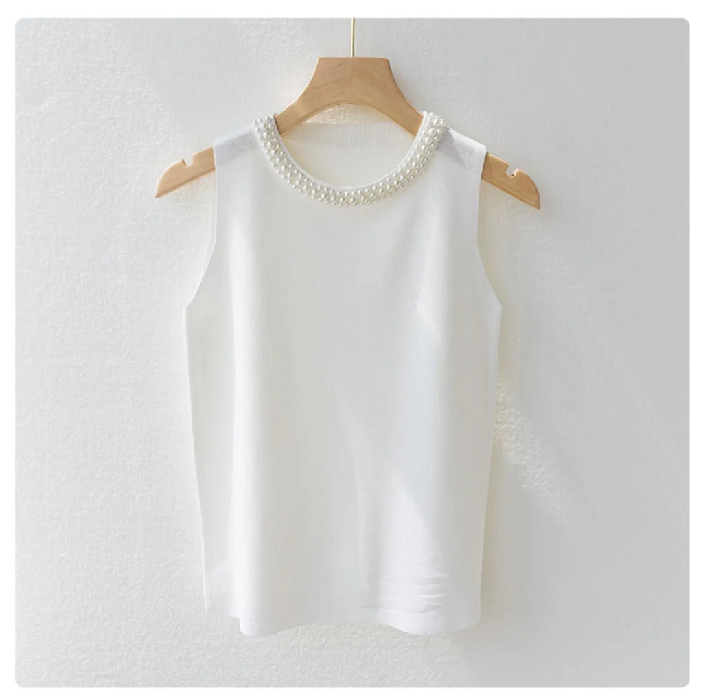 Korean Knitted Women’s Vest – Sleeveless Beaded Summer Tank Top, Casual Thin Blouse