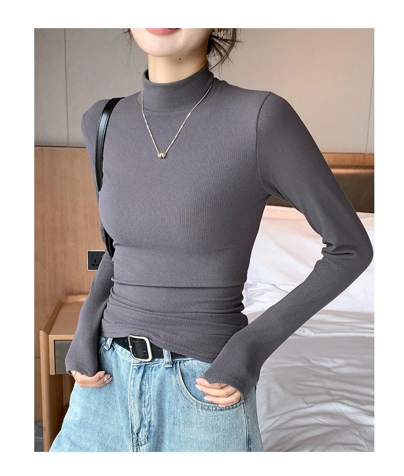 Women's knitted half-turtleneck sweater, slim fit, long sleeves, casual thermal knit top, Korean fashion