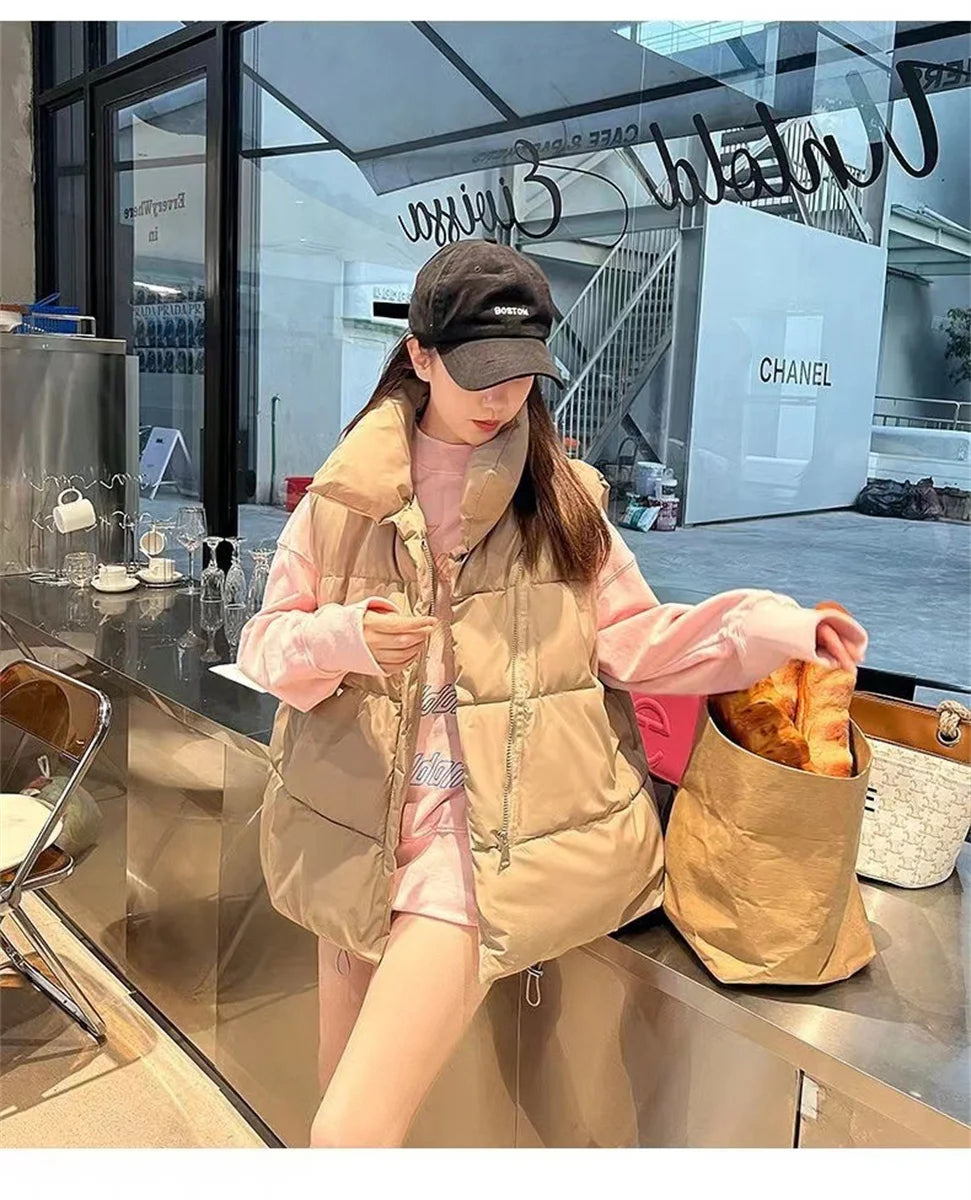 Women’s Autumn Stand Collar Sleeveless Down Vest with Belt