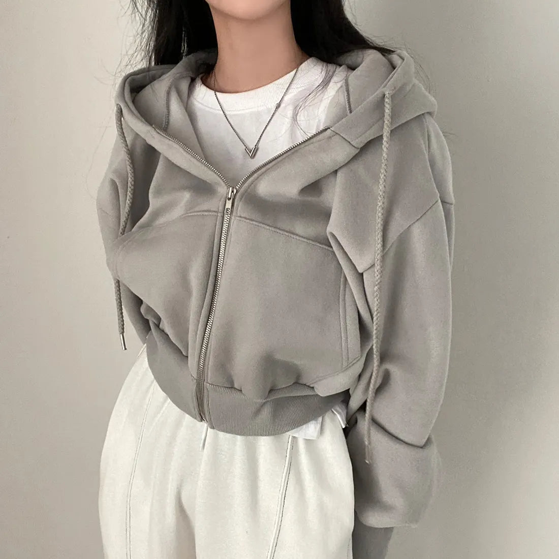 Women’s Casual Y2K Zip-Up Hoodie – Solid Harajuku Oversized Crop Sweatshirt