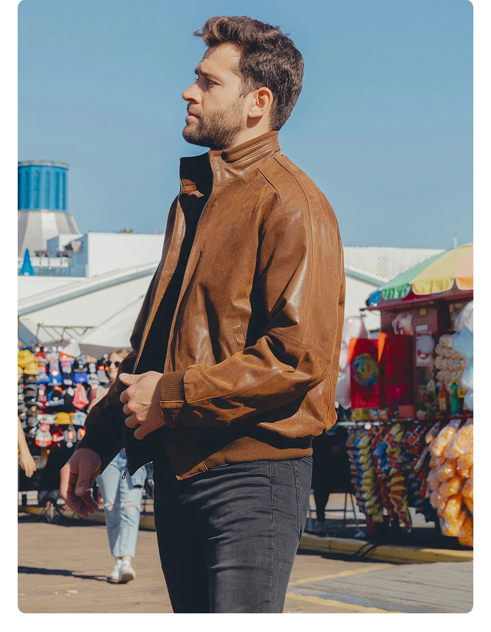 FLAVOR Men's Real Pigskin Leather Bomber Casual Jacket Stand Collar Leather Coat