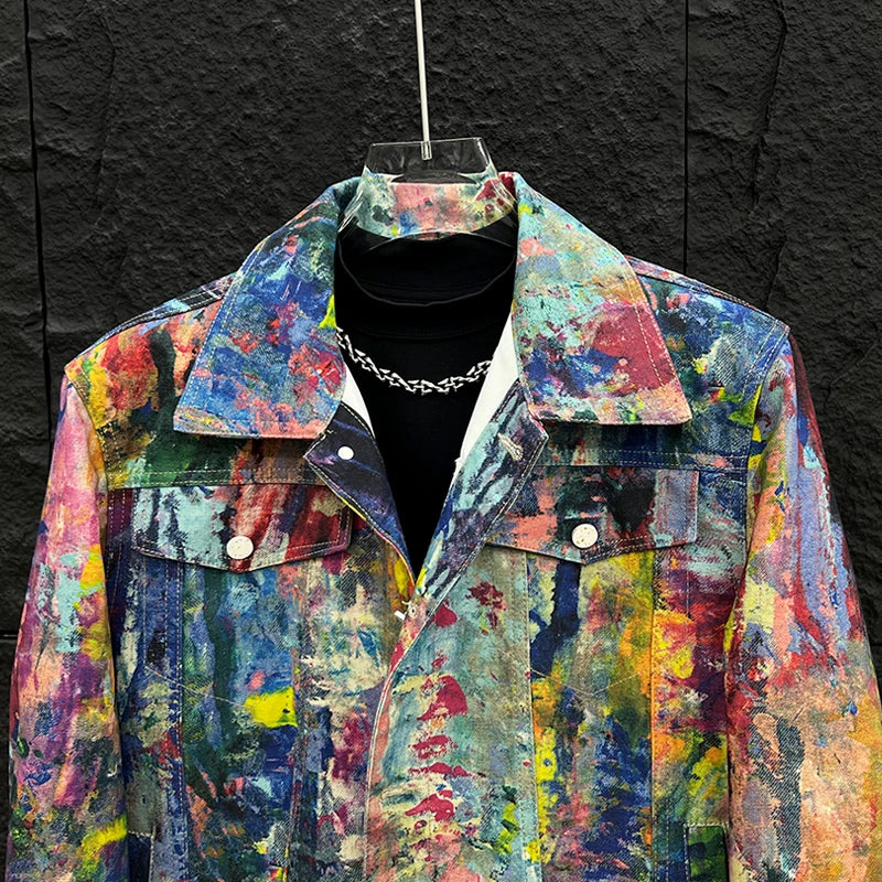 Men’s Graffiti Denim Jacket – Colorful Oil Painting Style, Trendy Loose-Fit Casual Coat