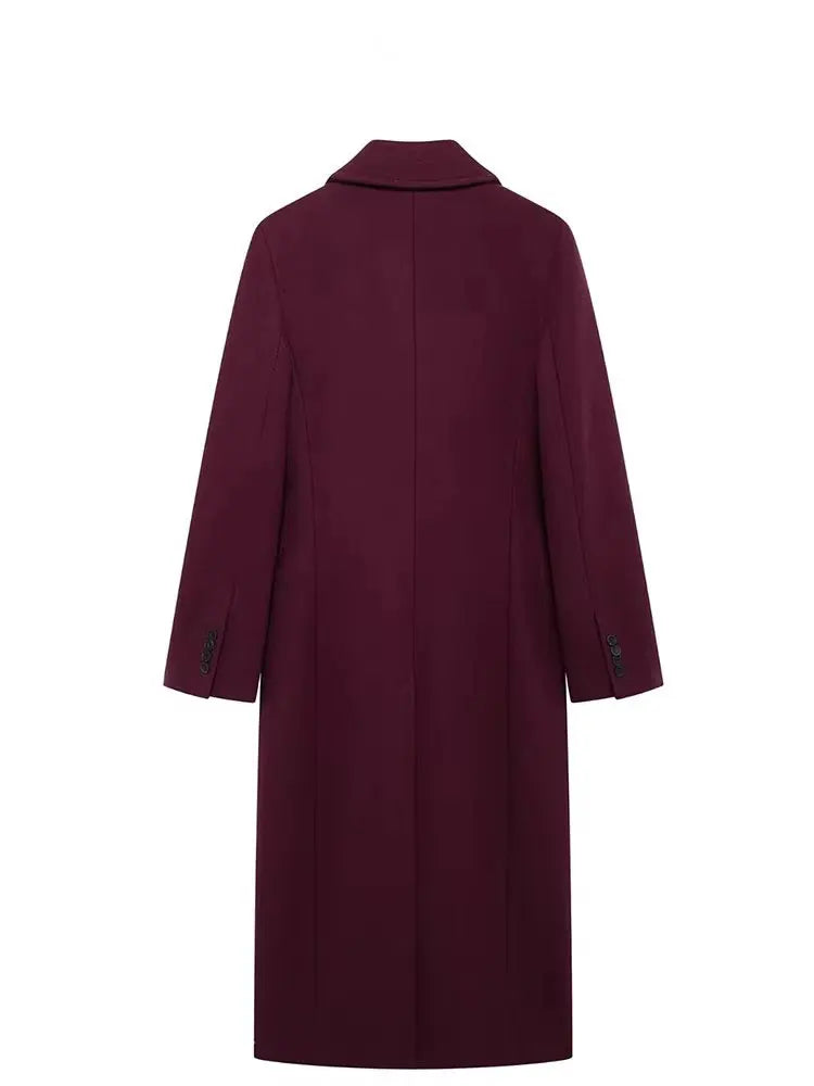 HH Women’s Burgundy Wool Coat – Double-Breasted, Long Sleeve Lapel Jacket