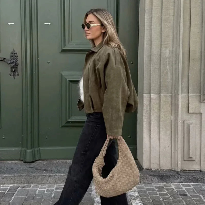 Women’s Vintage Bomber Jacket – Turn-Down Collar, Loose Fit