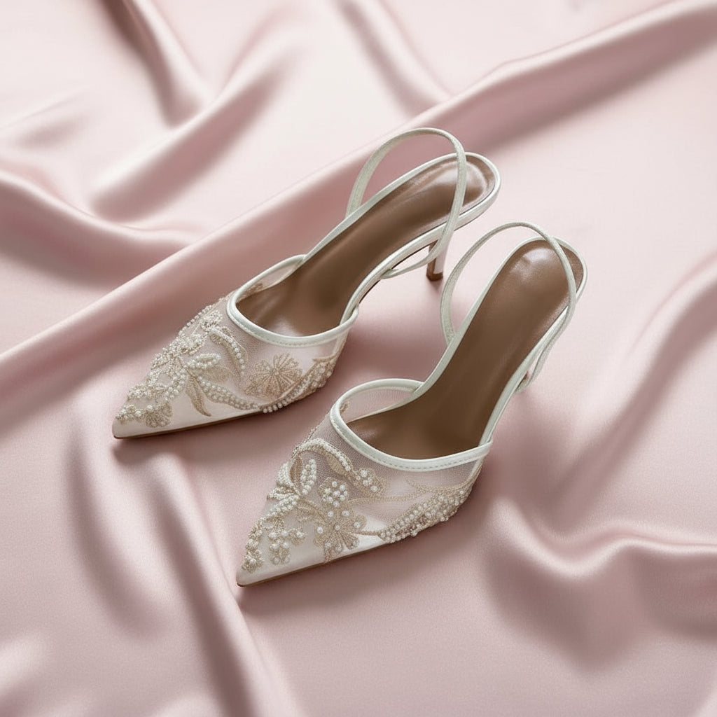Women's Mesh Embroidered Heels – Pointed Toe Slingback Dress Shoes