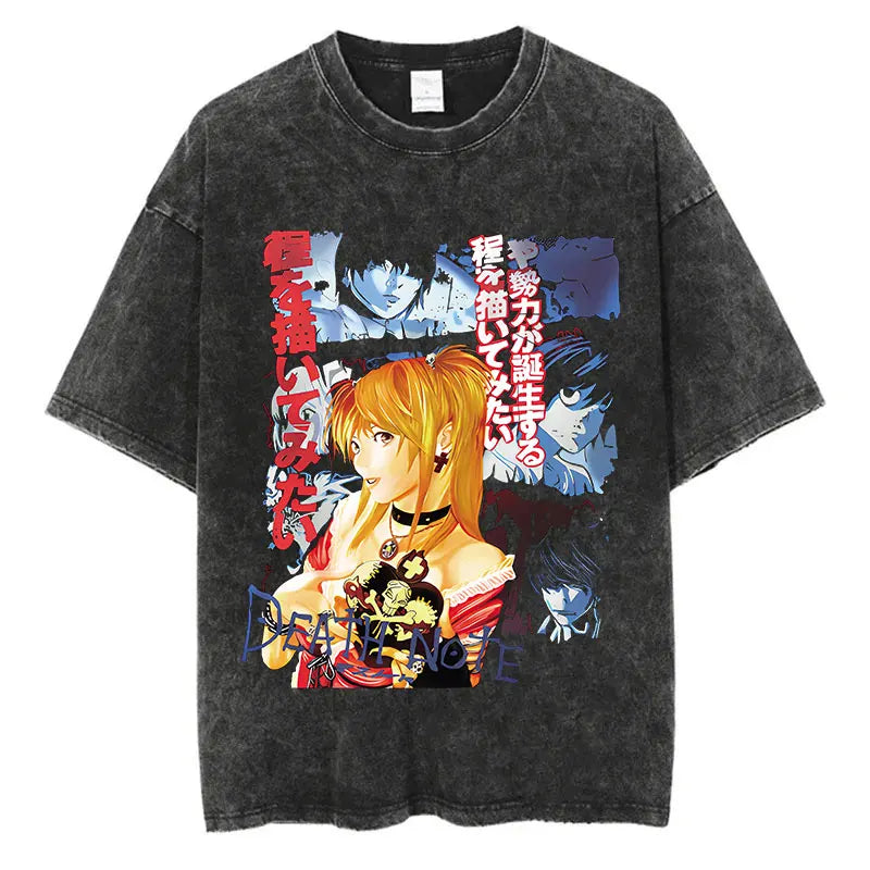 Harajuku Vintage Washed T-Shirt with Death Note Anime Graphic, Oversized Cotton Streetwear for Men and Women
