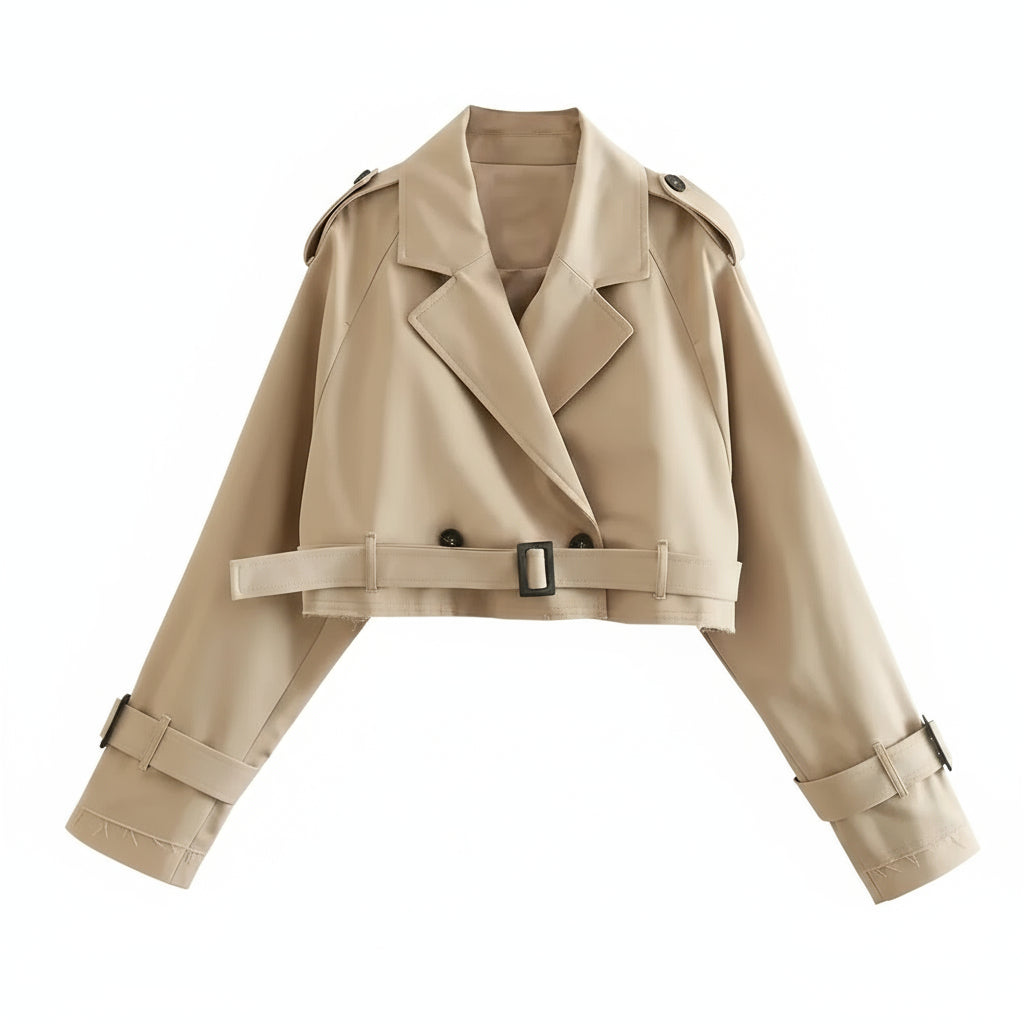 Women's Cropped Trench Jacket – Vintage Belted Double-Breasted Spring Coat for Streetwear