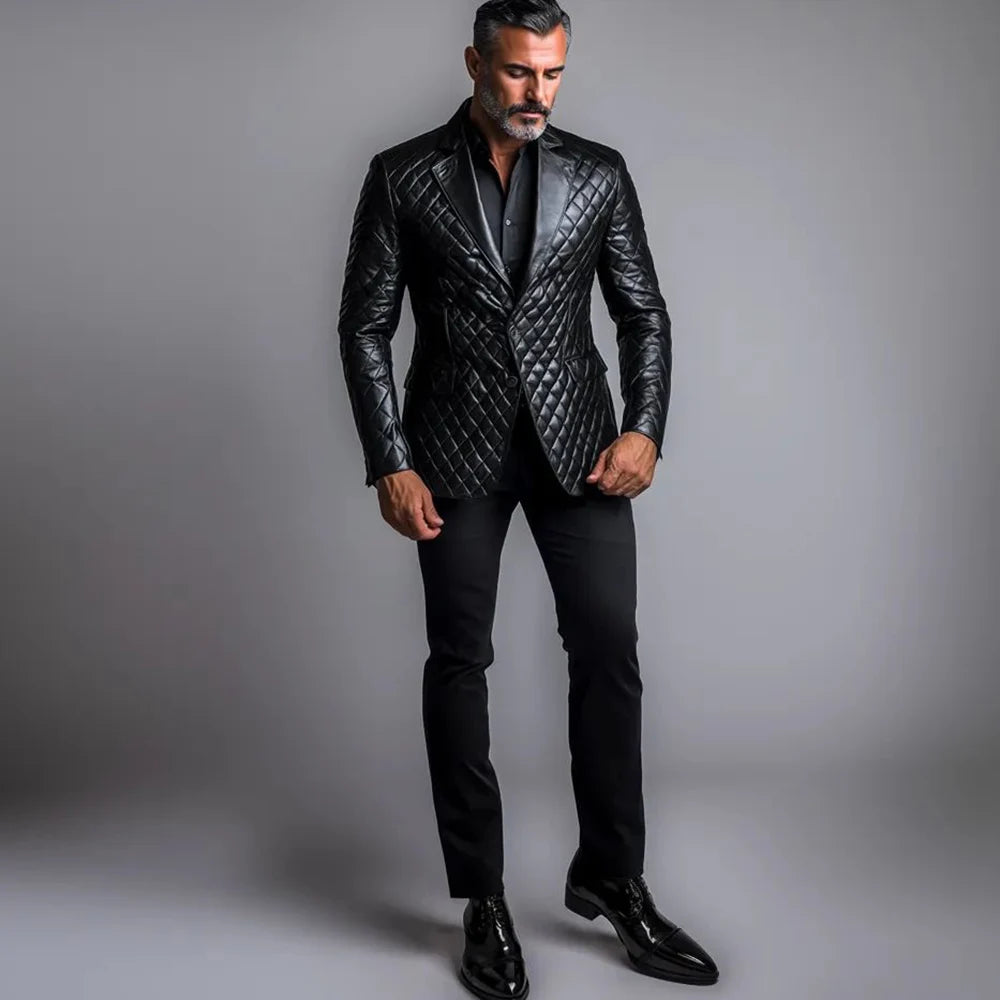 Men's PU leather blazer, single-breasted with lapel, suitable for business or casual wear in autumn