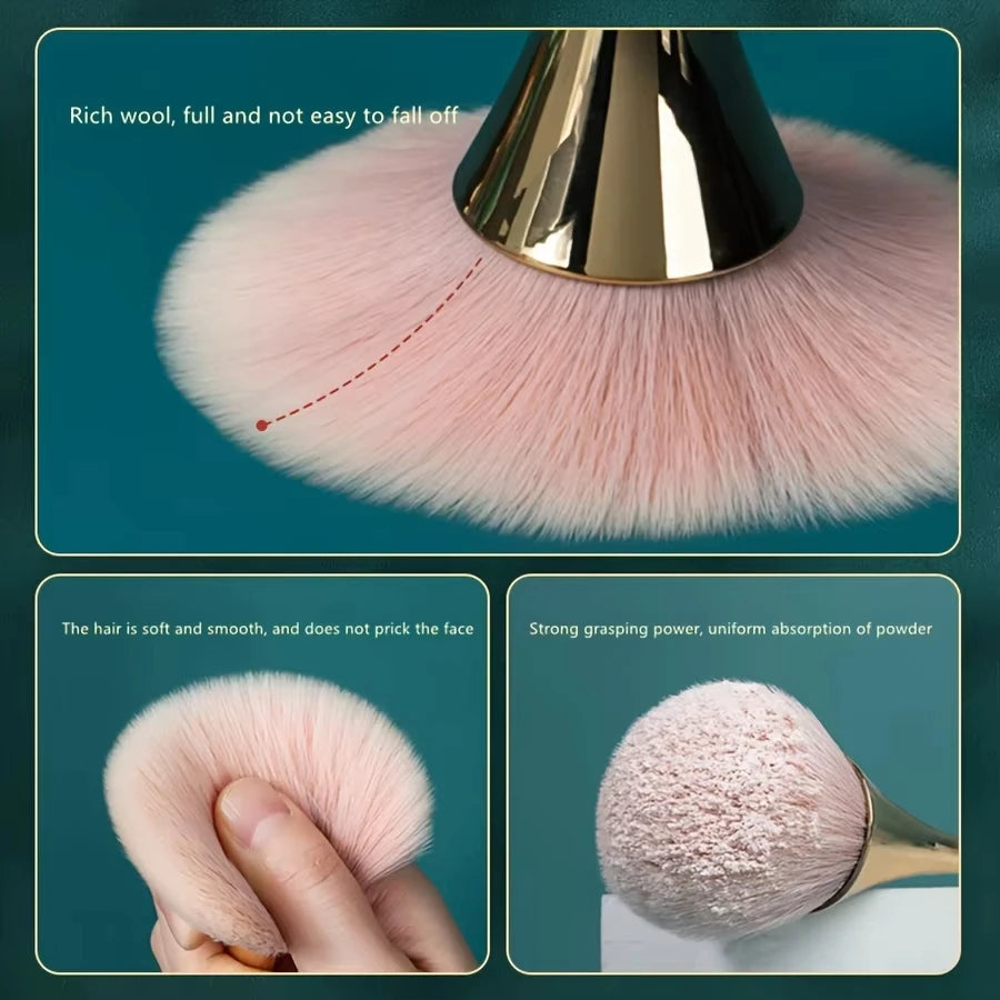 Rose gold fan brush with soft bristles, ideal for applying powder, highlighter, blush, and finishing touches