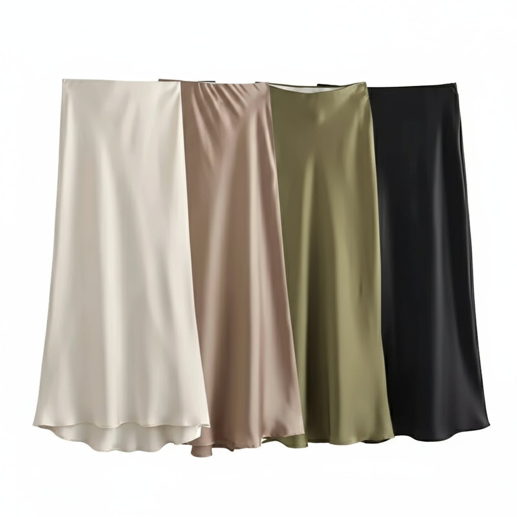 MUJER Women’s Satin High-Waist Long Midi Skirt – Elegant Summer Office Wear