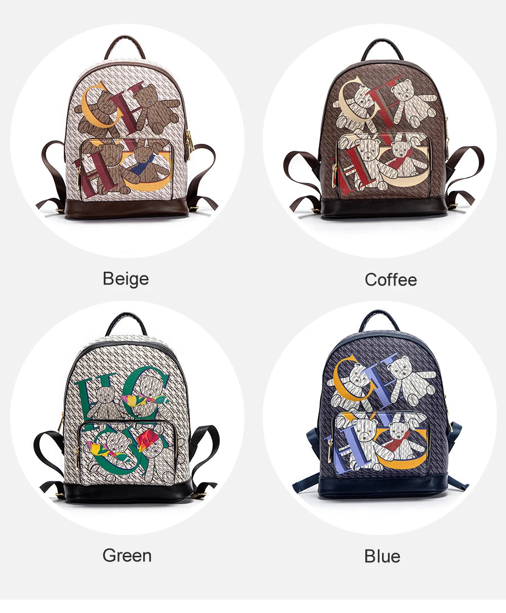 Alphabet Women's Backpack Large Capacity Design Luxury Brand Fashion Little Bear Cartoon Pattern
