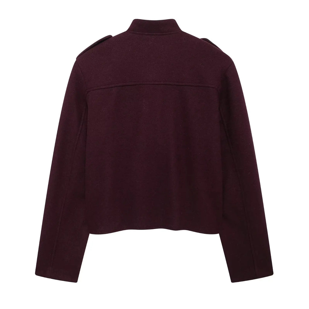 Women Soft Tweed Bomber Jacket O-Neck Long Sleeve Pockets Buttons Loose Woolen Coat Streetwear