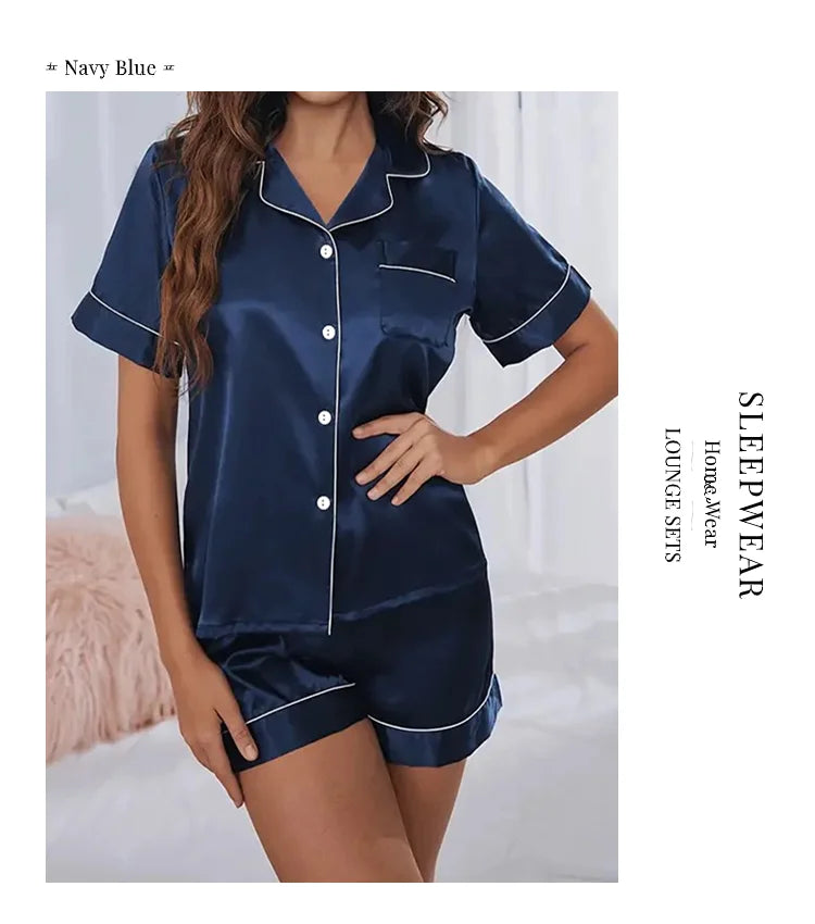 Women’s Satin Pajama Set – 2-Piece Button-Down Top & Shorts Sleepwear