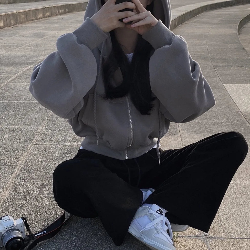 Women’s Casual Y2K Zip-Up Hoodie – Solid Harajuku Oversized Crop Sweatshirt