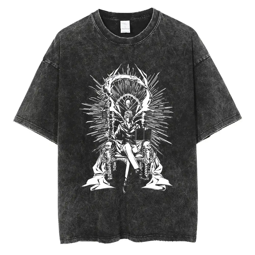 Harajuku Vintage Washed T-Shirt with Death Note Anime Graphic, Oversized Cotton Streetwear for Men and Women