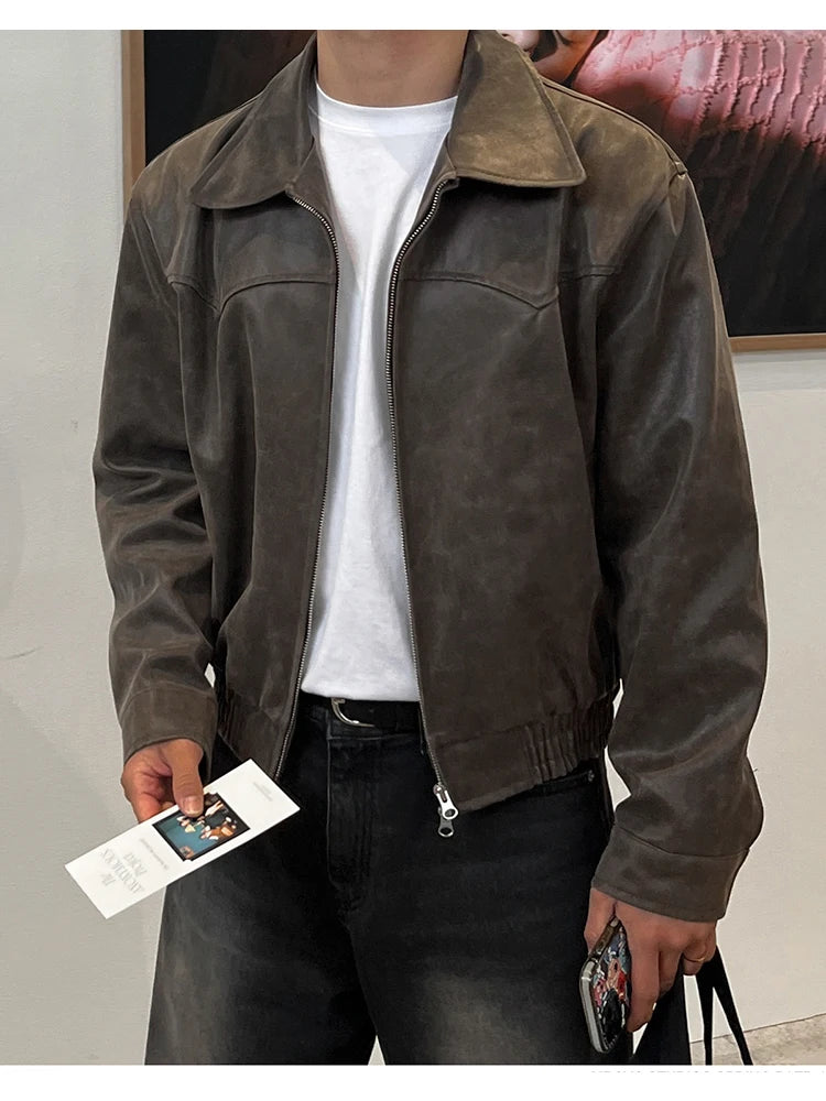 Mauroicardi Vintage PU Leather Jacket – Distressed Brown, Lightweight Korean Style