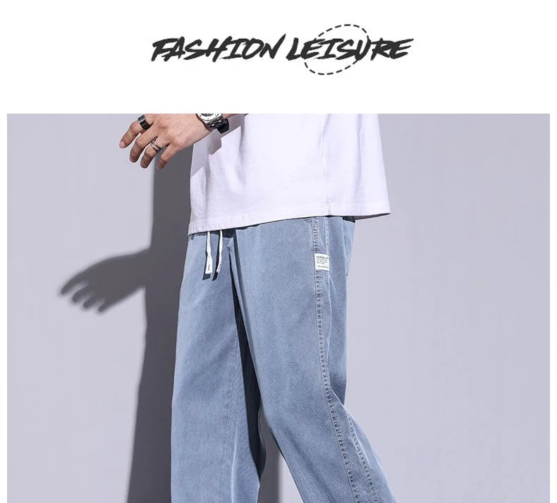Soft Lyocell fabric men's jeans loose straight leg pants drawstring elastic waist Korean casual pants plus size M-5XL