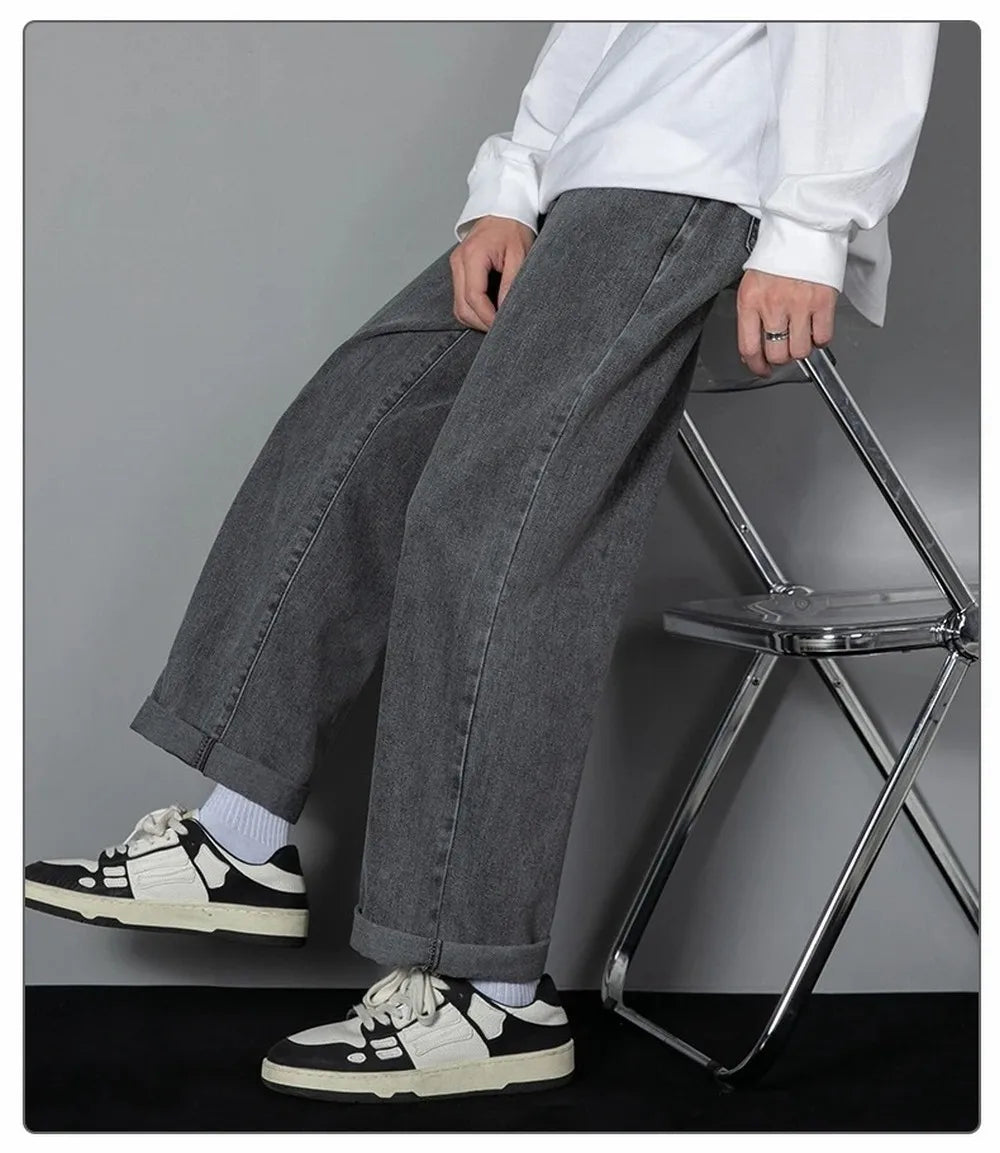 Korean Solid Colors Men's Casual Long Jeans Classic Man Four Seasons Straight Denim Wide-leg Pants Light Blue Grey Black 3XL