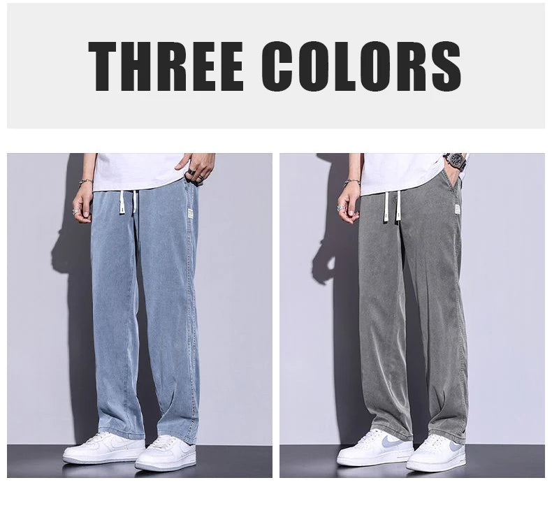 Soft Lyocell fabric men's jeans loose straight leg pants drawstring elastic waist Korean casual pants plus size M-5XL