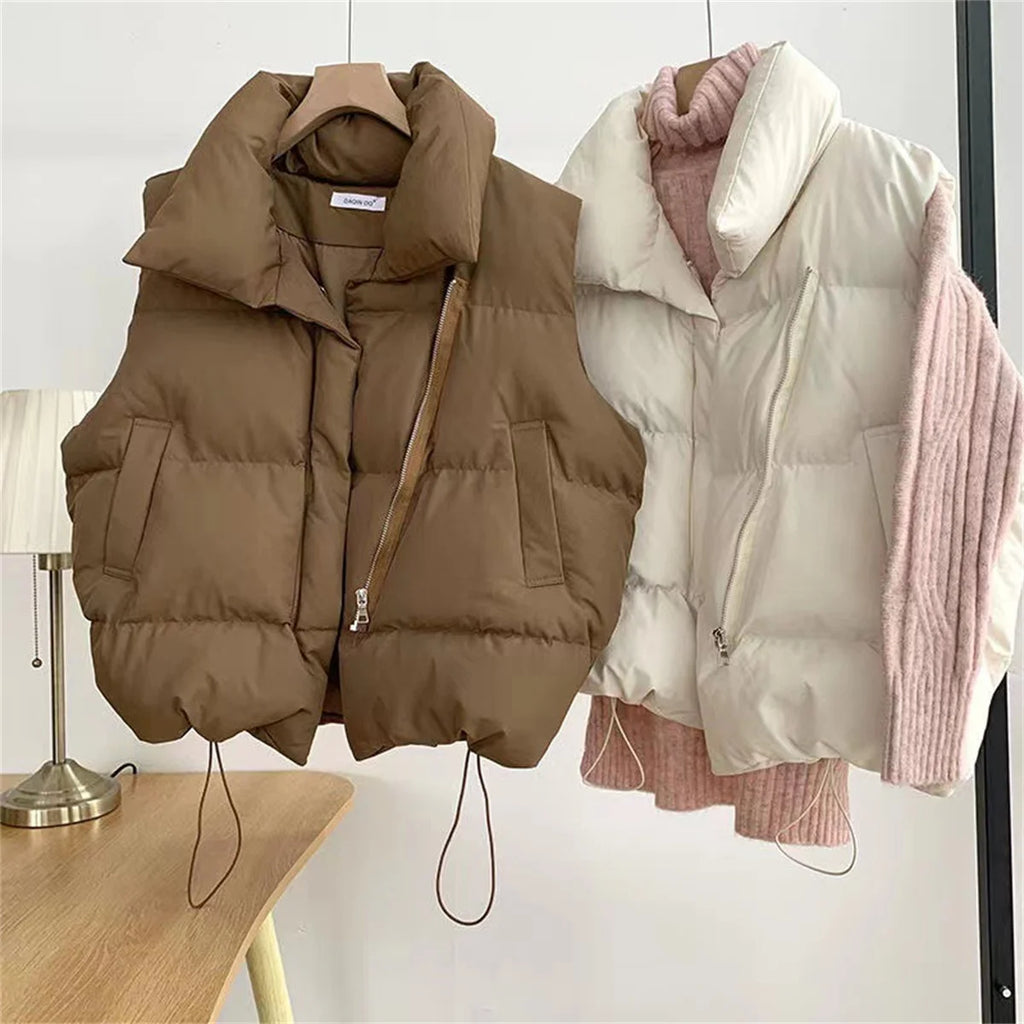 Women’s Autumn Stand Collar Sleeveless Down Vest with Belt