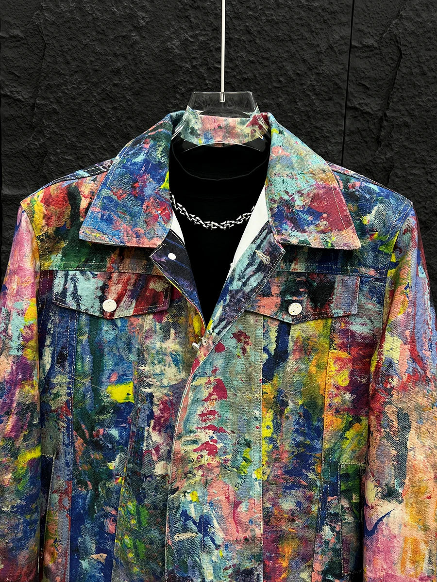 Men’s Graffiti Denim Jacket – Colorful Oil Painting Style, Trendy Loose-Fit Casual Coat