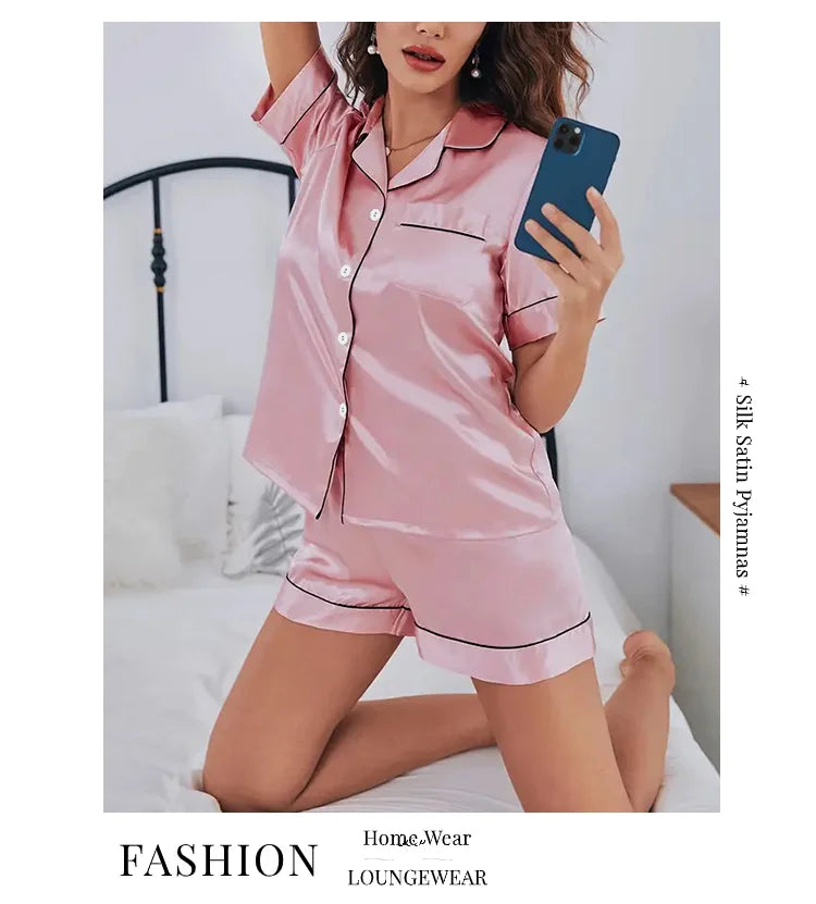 Women’s Satin Pajama Set – 2-Piece Button-Down Top & Shorts Sleepwear