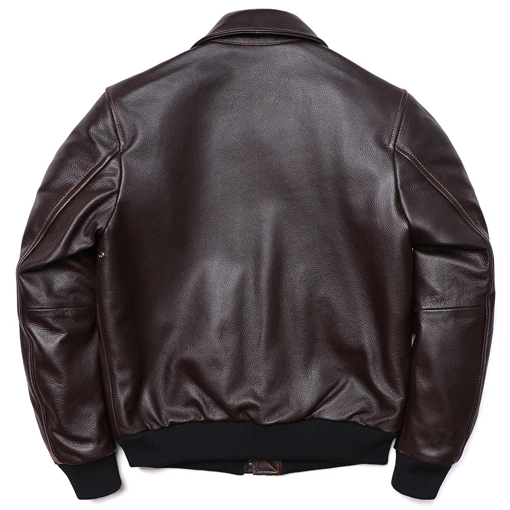 Men's A2-style genuine leather flight jacket made from cowhide and calfskin in brown