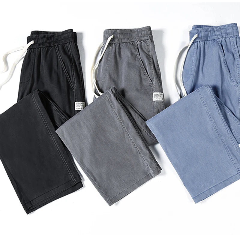 Summer men's Lyocell straight-leg jeans with drawstring waist, casual plus size M-5XL