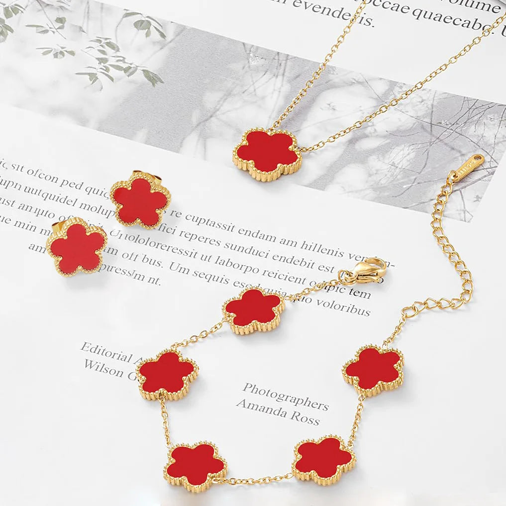 Women’s Jewelry Set – Necklace, Bracelet & Earrings, Plum Blossom Five-Leaf Design