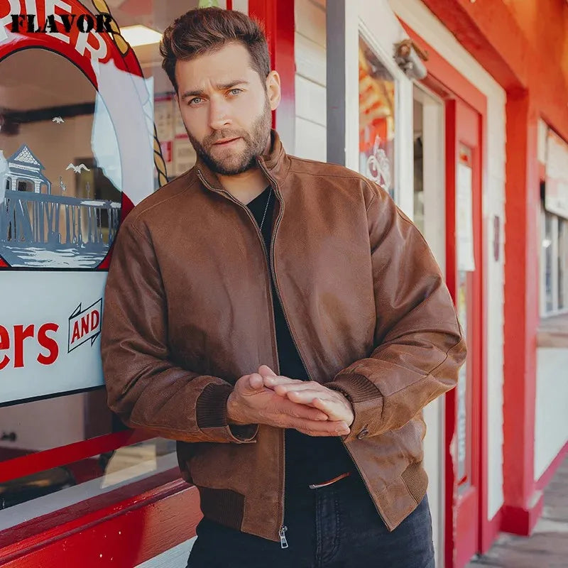 FLAVOR Men's Real Pigskin Leather Bomber Casual Jacket Stand Collar Leather Coat