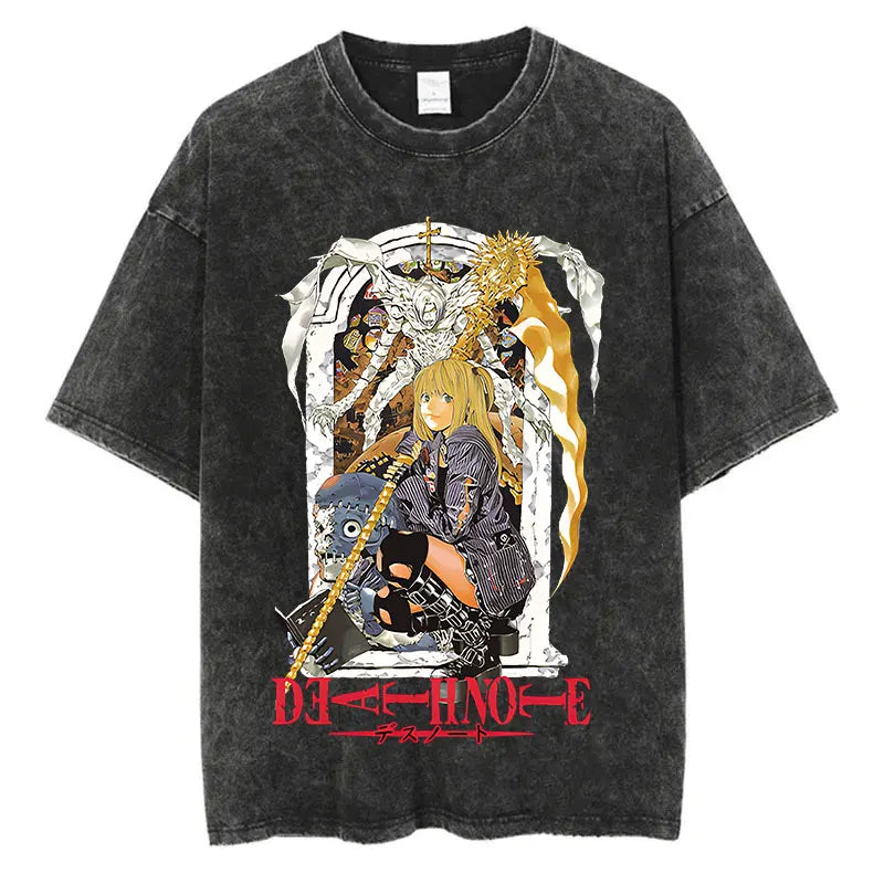 Harajuku Vintage Washed T-Shirt with Death Note Anime Graphic, Oversized Cotton Streetwear for Men and Women