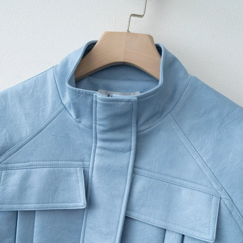 Women’s PU Leather Jacket with Adjustable Waist