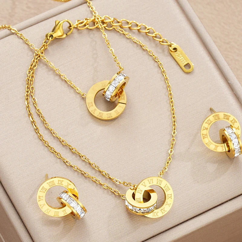Women’s Gold Crystal Set – 4-Piece Necklace, Bracelet & Earrings