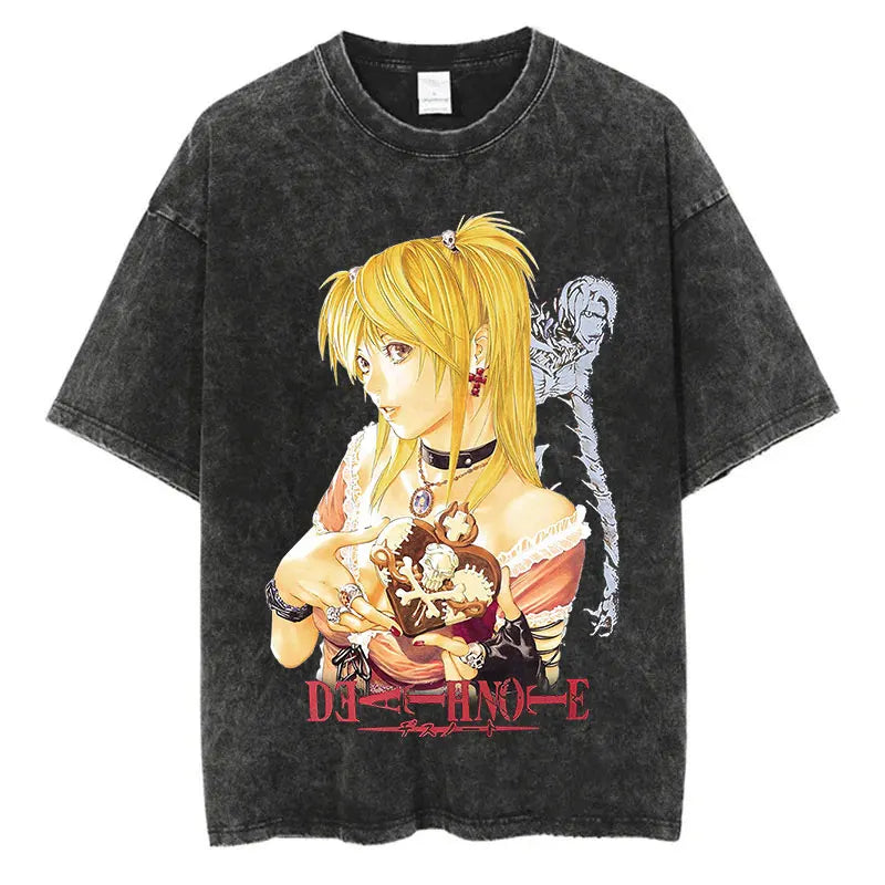 Harajuku Vintage Washed T-Shirt with Death Note Anime Graphic, Oversized Cotton Streetwear for Men and Women