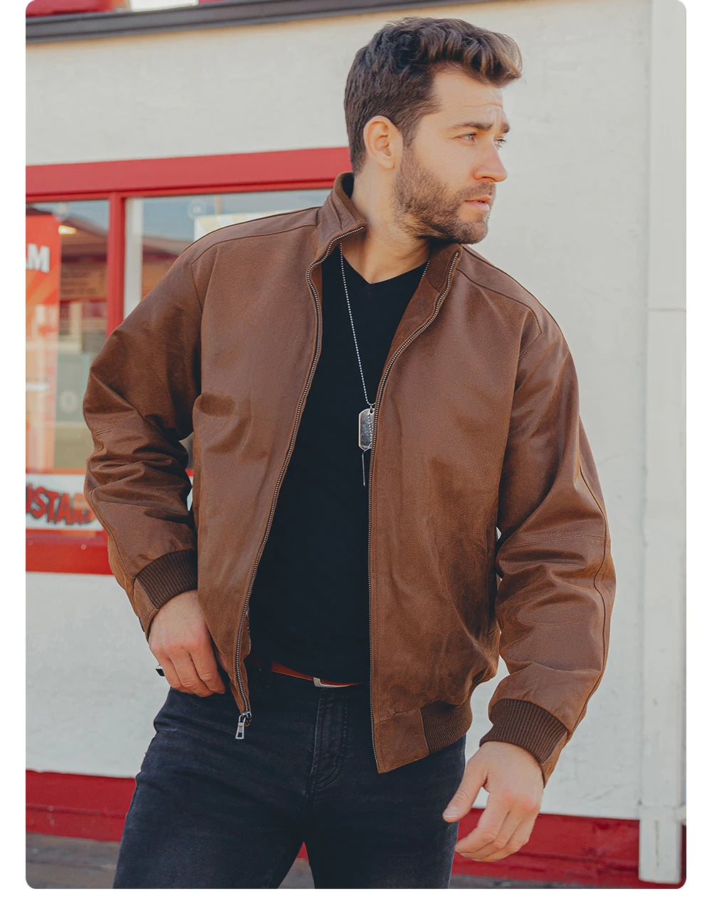 FLAVOR Men's Real Pigskin Leather Bomber Casual Jacket Stand Collar Leather Coat