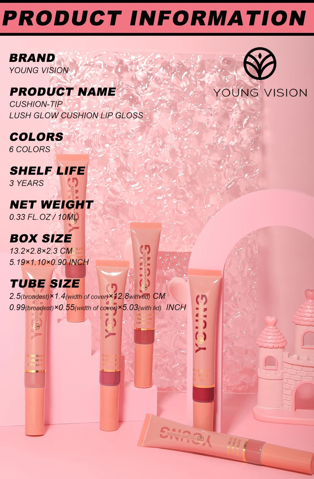 YOUNG VISION 6-Color Liquid Lip Gloss – Brightening, Moisturizing with Plush Brush