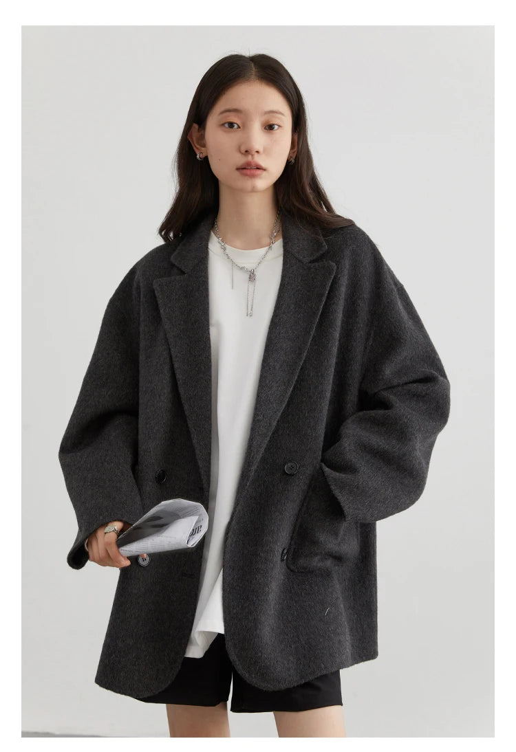Women’s Double-Breasted Wool Coat – Loose Retro Office Style