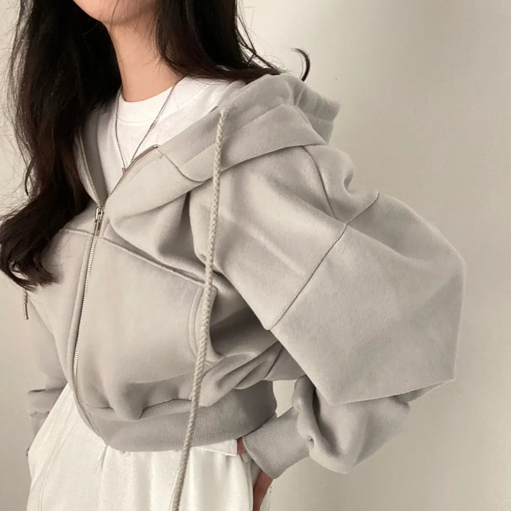 Women’s Casual Y2K Zip-Up Hoodie – Solid Harajuku Oversized Crop Sweatshirt