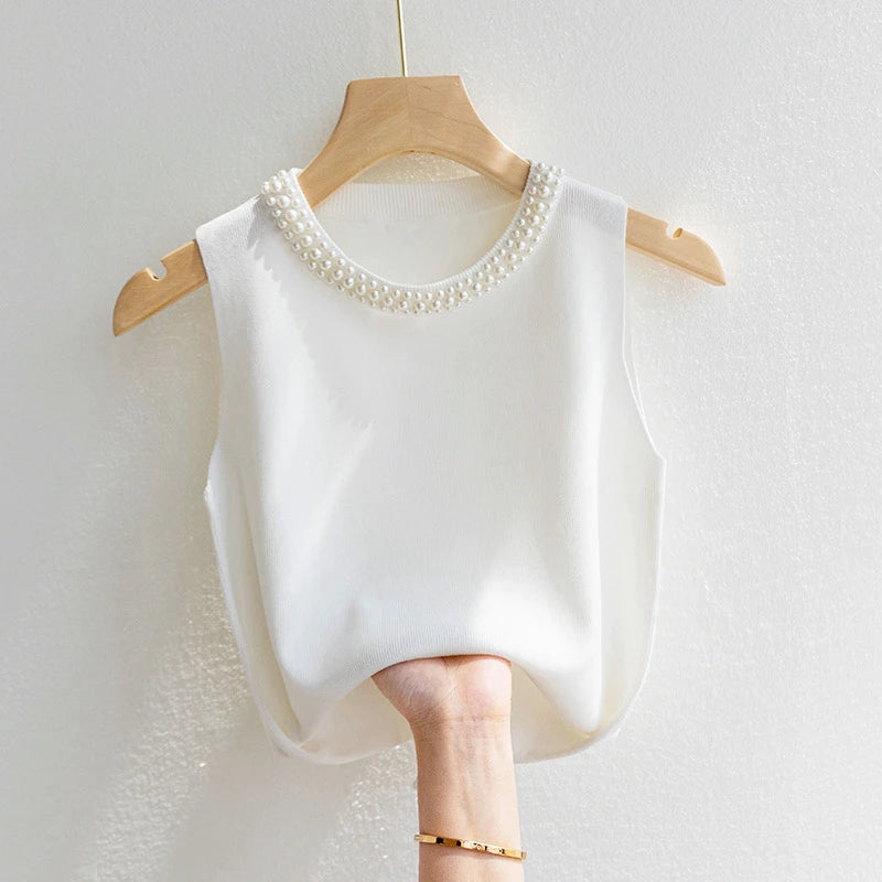 Korean Knitted Women’s Vest – Sleeveless Beaded Summer Tank Top, Casual Thin Blouse