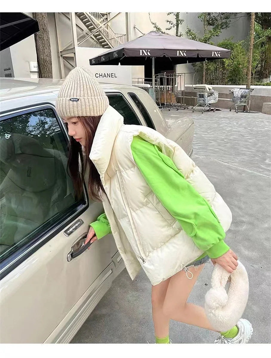 Women’s Autumn Stand Collar Sleeveless Down Vest with Belt