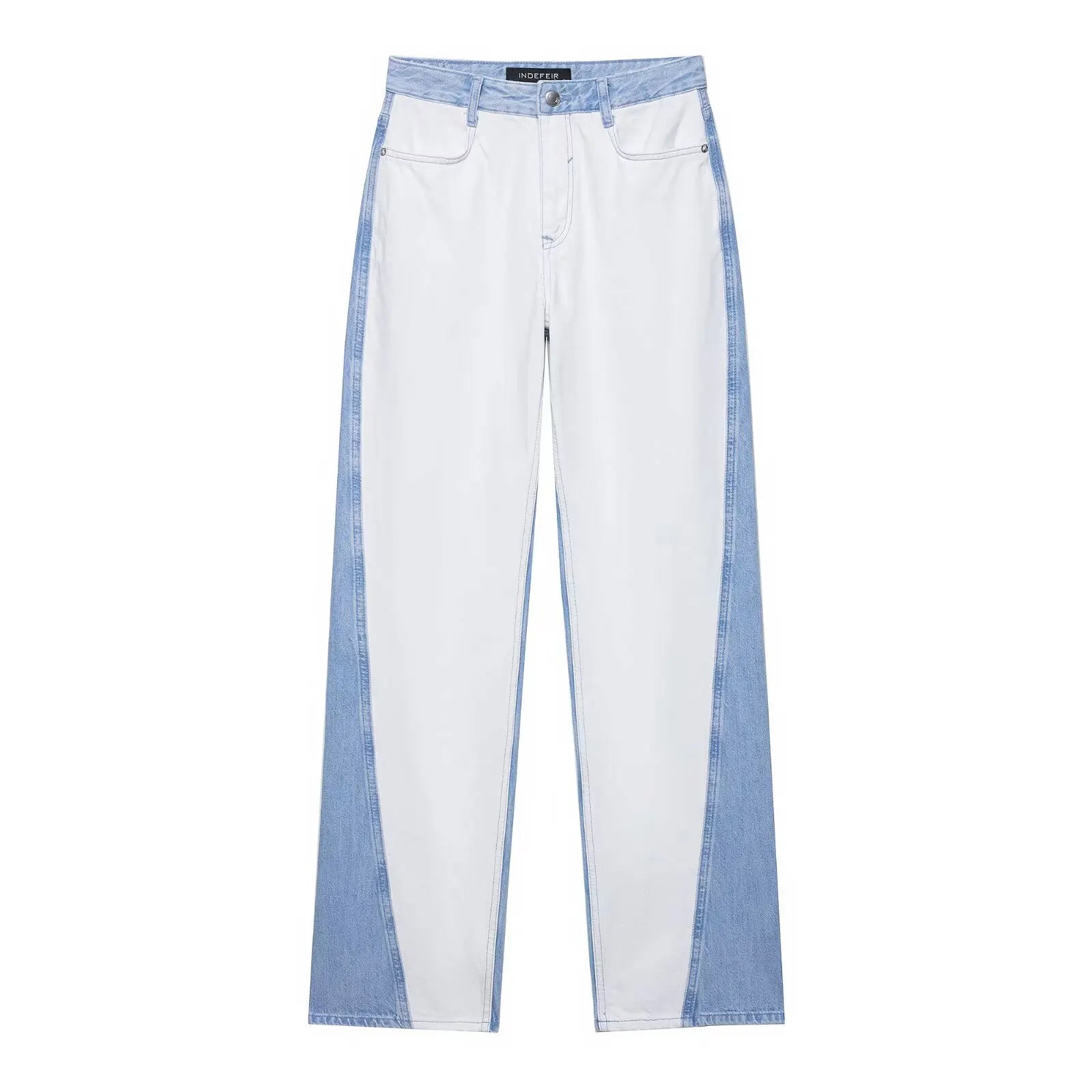 vintage denim women's outfit with a long-sleeve coat and wide-leg jeans