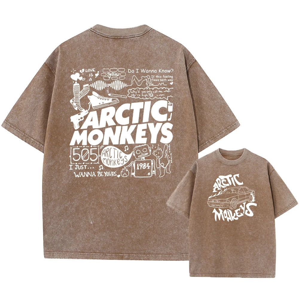 Here is a description based on your input:  Retro Arctic Monkeys Graphic T-Shirt, Vintage Washed, Oversized Fit, Y2K Style, Hip Hop Streetwear for Men