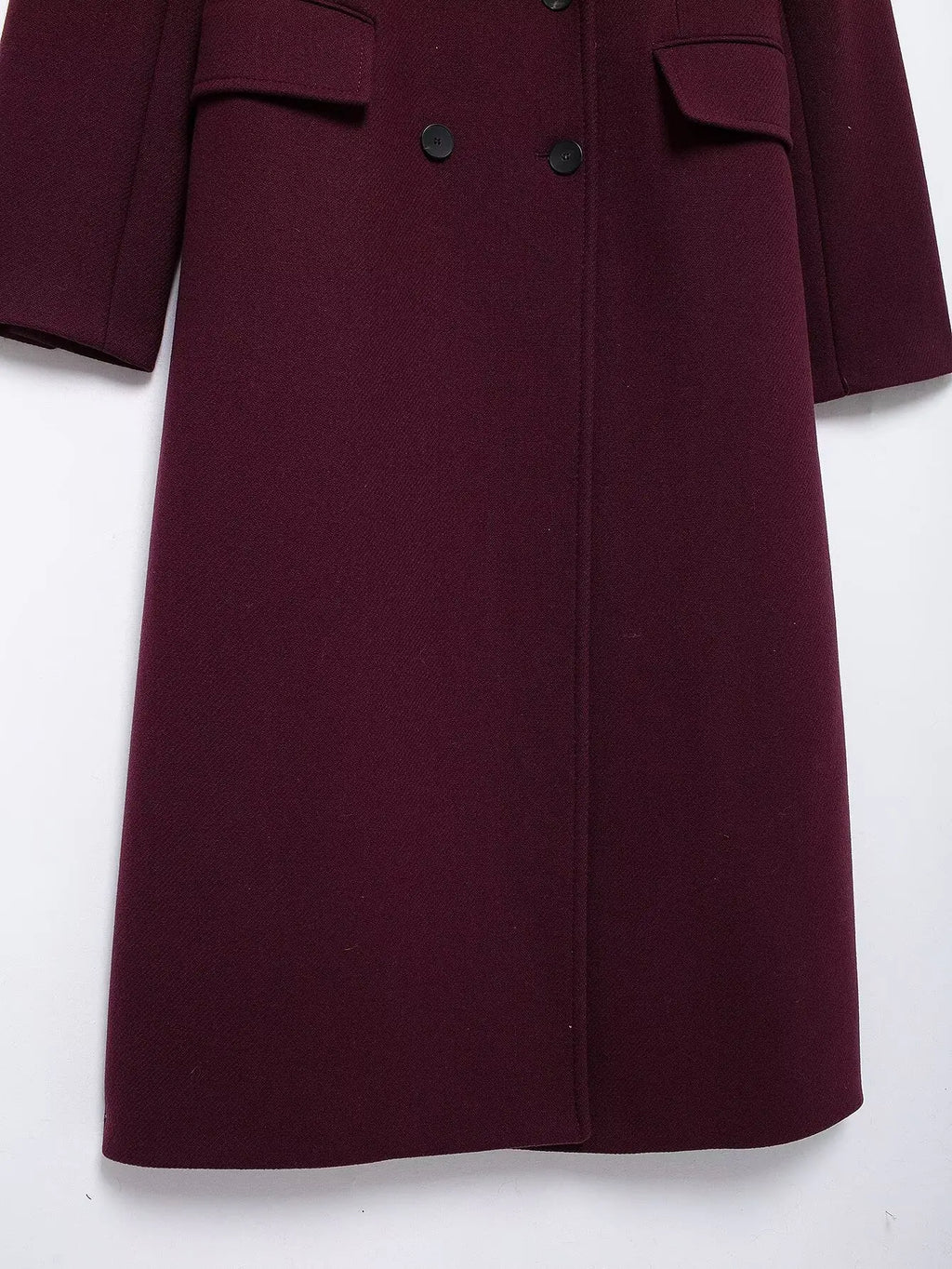 HH Women’s Burgundy Wool Coat – Double-Breasted, Long Sleeve Lapel Jacket