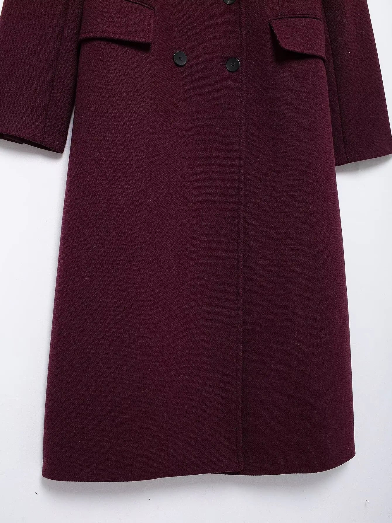 HH Women’s Burgundy Wool Coat – Double-Breasted, Long Sleeve Lapel Jacket