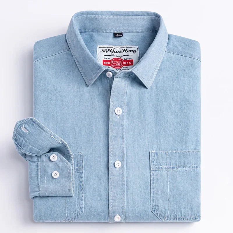 Men’s 100% Cotton Denim Shirt – Long Sleeve, Classic Fit, Pocket Design & Embroidery
