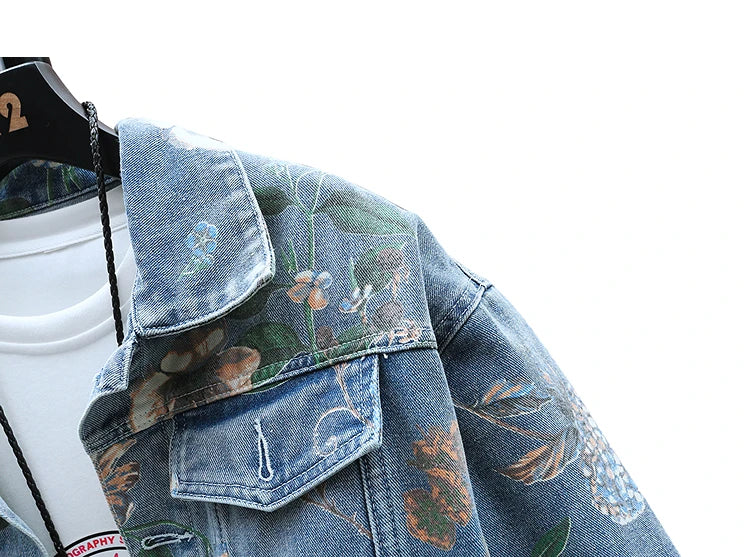Vintage Floral Print Denim Jacket Men's Distressed Coat Streetwear Loose Fit Long Sleeve Jackets Korean Bomber Jeans Jacket
