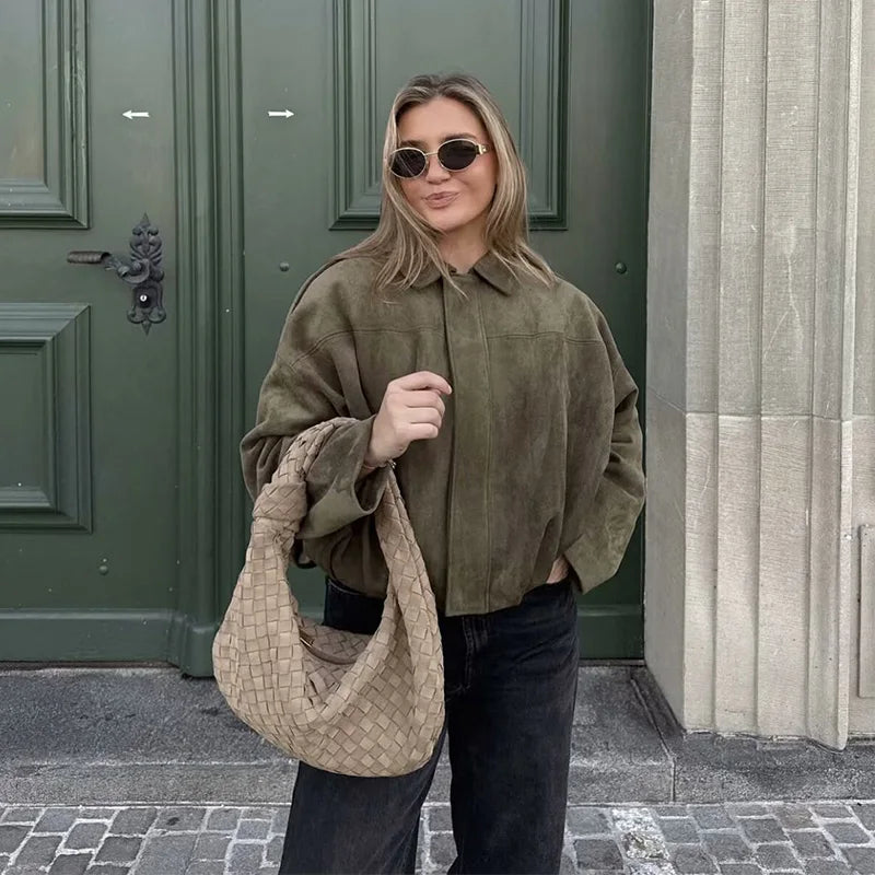 Women’s Vintage Bomber Jacket – Turn-Down Collar, Loose Fit