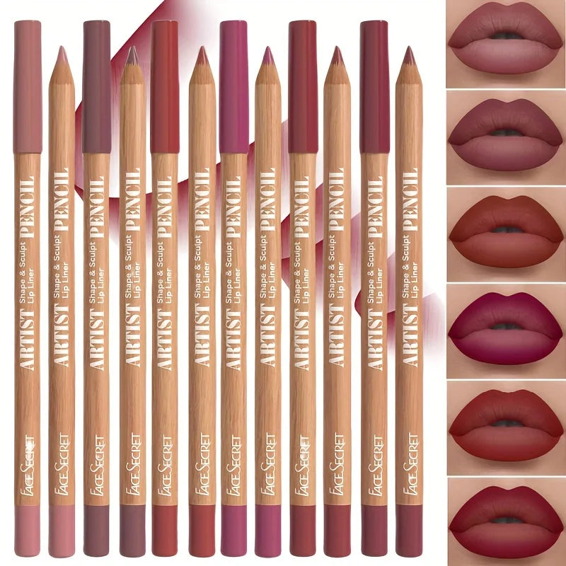 6pc Velvet Matte Lip Liner Set with versatile shades in berry, brown, and pink. Long-lasting lip makeup