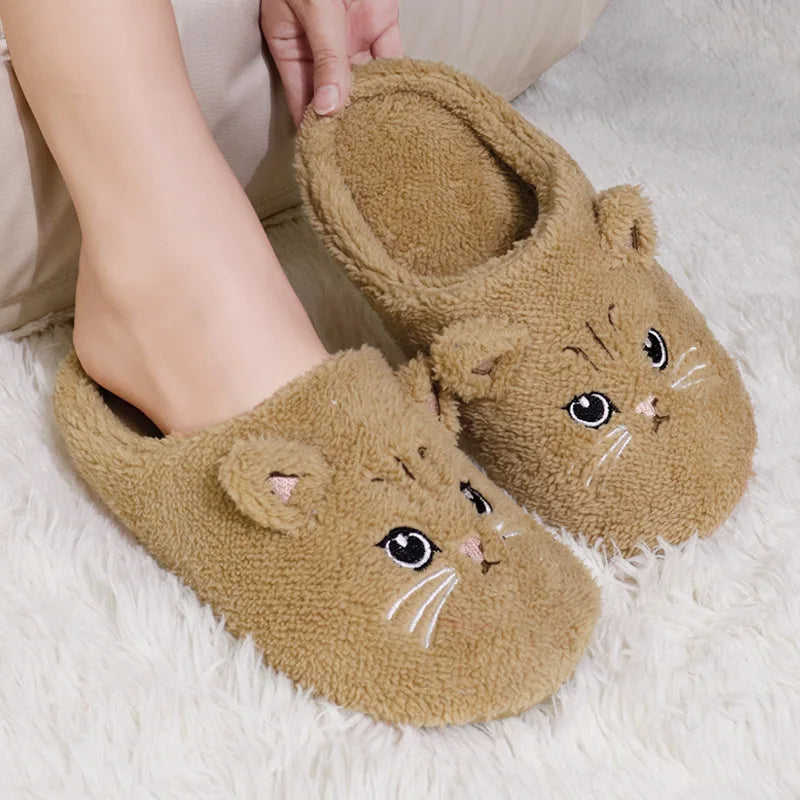 Cute Plush Cat Indoor Slippers – Women’s Non-Slip, Soft Sole, Warm Winter House Shoes